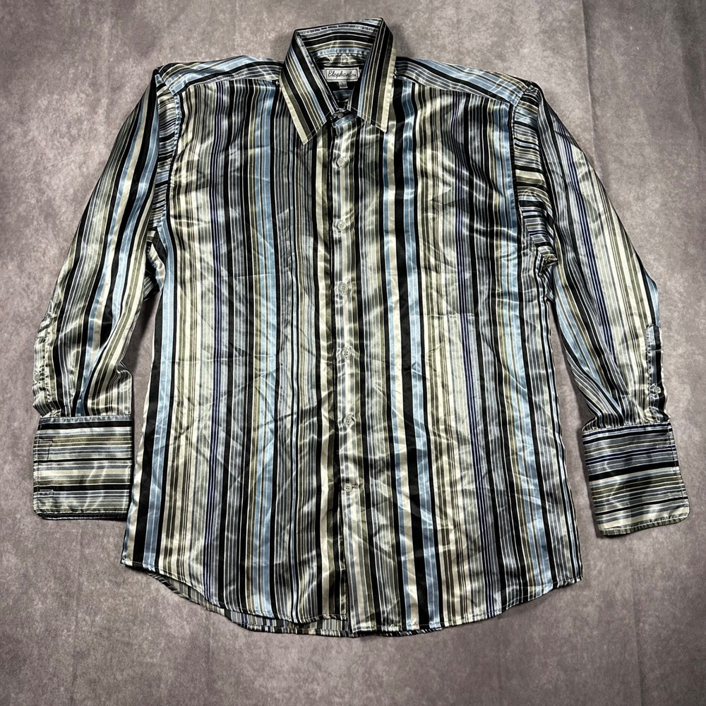 Elephant Blue Silver Striped Satin Button Down Shirt Womens L Y2K Vintage Style